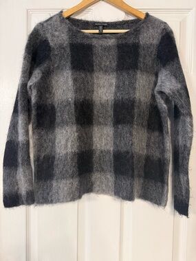 Eileen Fisher Gray and Black Check Brushed Mohair-Blend Crewneck Sweater